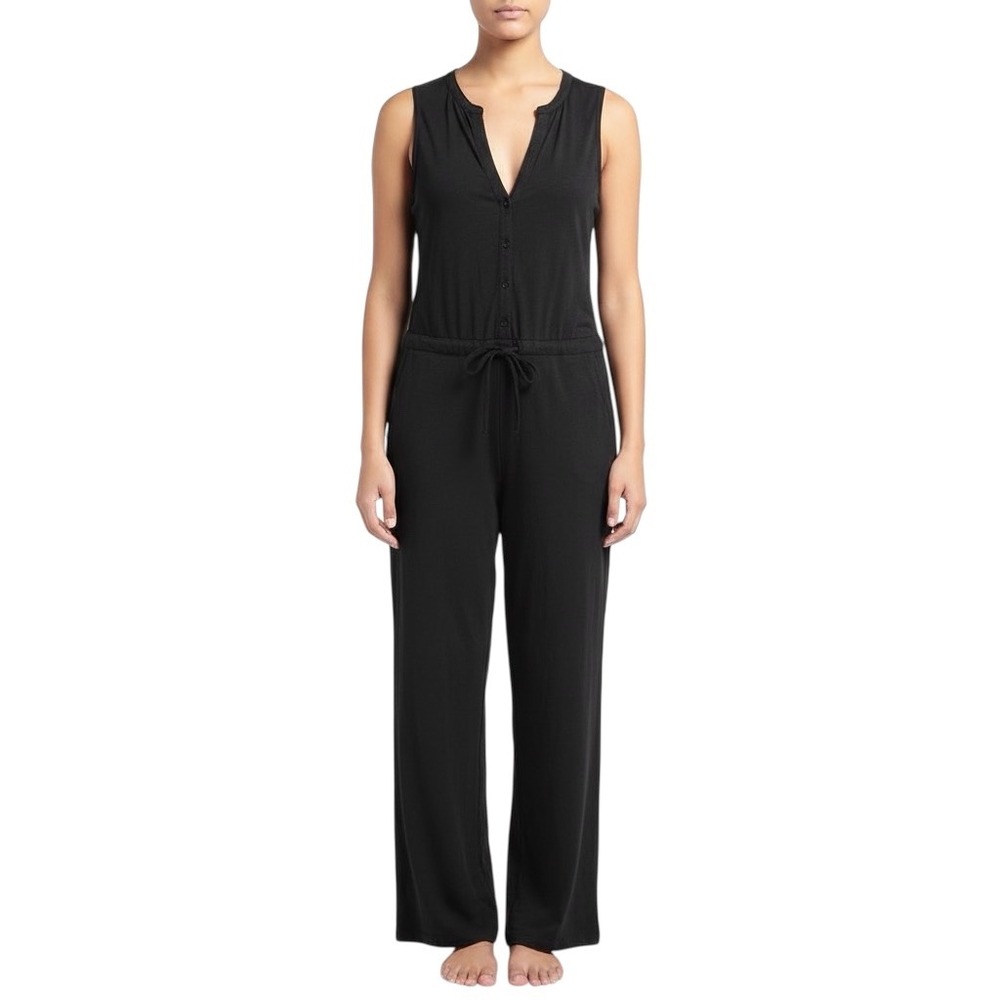 LEALLO Black Sleeveless Button Front Wide Leg Drawstring Jumpsuit Women's Medium